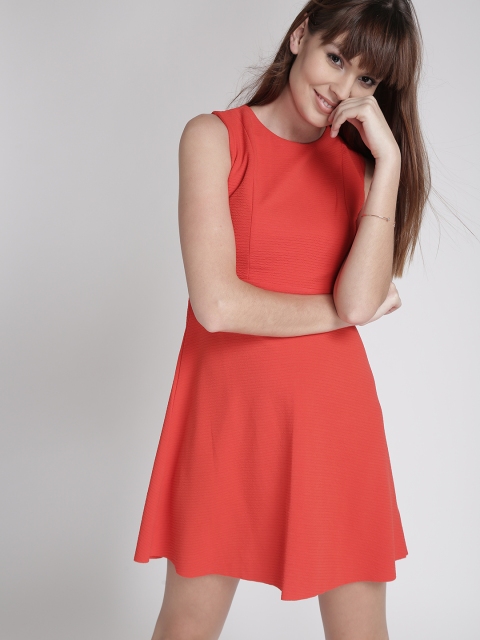 

Chemistry Women Coral Red Self-Striped Empire-Line Dress