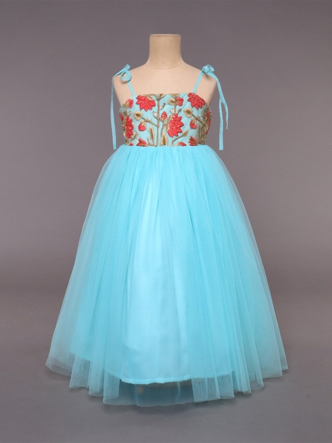 

MANY FROCKS & Blue Floral Embroidered Satin Maxi Dress