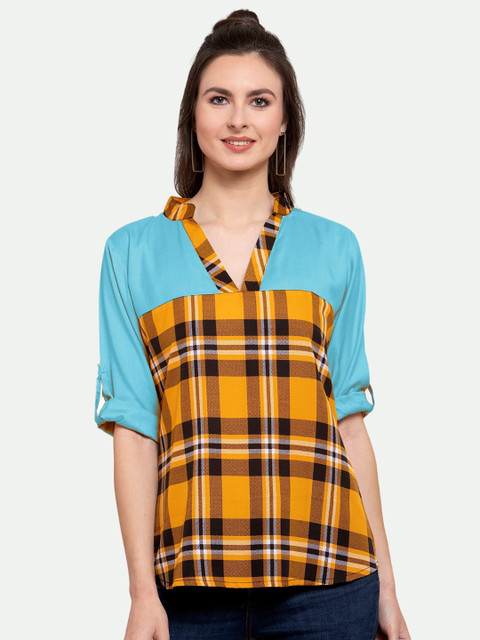 

PATRORNA Women Checked Mandarin Collar Top, Blue