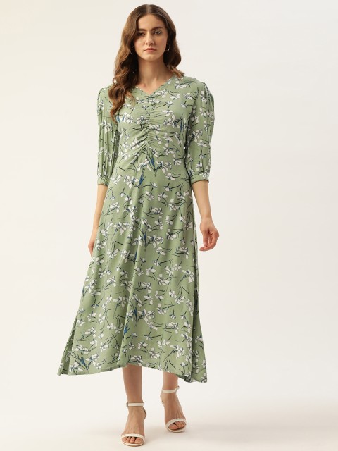 

Alsace Lorraine Paris Green & White Floral Ruched A-Line Maxi Dress