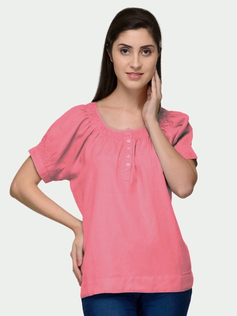 

PATRORNA Women Plus Size Pink Solid Smocked Top