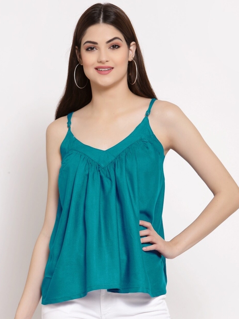 

PATRORNA Women Plus Size Green Solid Pleated Asymmetrical Top