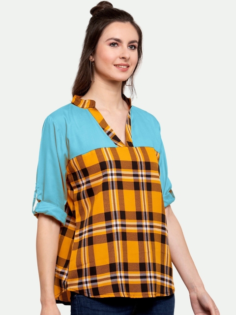 

PATRORNA Blue & Yellow Checked Roll-Up Sleeves Top