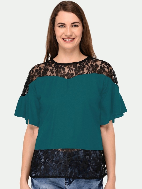 

PATRORNA Women Plus Size Green & Black Solid Lace Detailed Raglan Sleeves Top