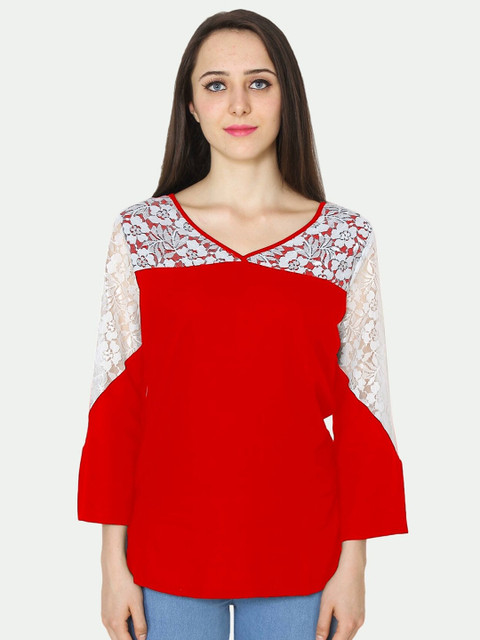 

PATRORNA Women Plus Size Red Solid Lace Inserted Top
