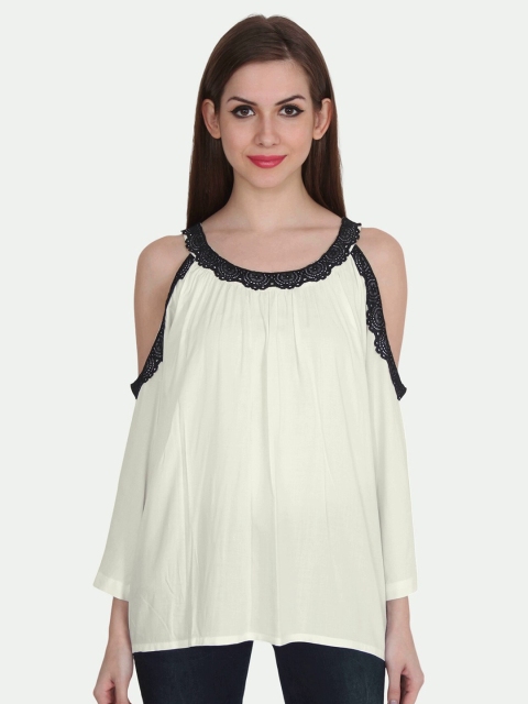 

PATRORNA Women Off White & Black Cold Shoulder Sleeves Regular Boxy Top