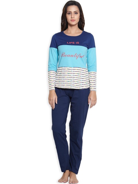 

Sweet Dreams Women Navy Blue & White Printed Night suit