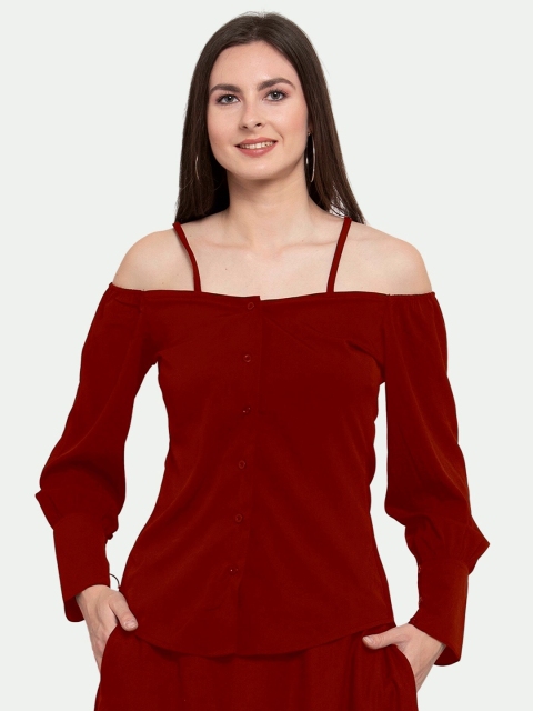 

PATRORNA Women Maroon Off-Shoulder Shirt Style Top
