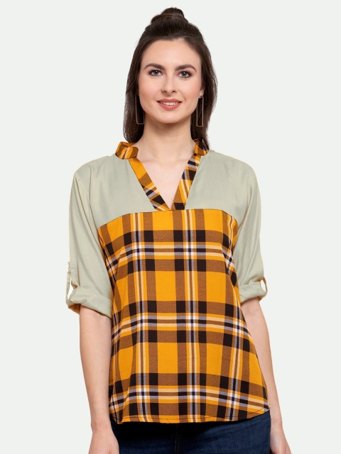 

PATRORNA Women Checked Mandarin Collar Roll-Up Sleeves Top, Yellow