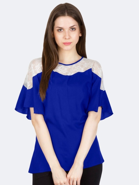 

PATRORNA Women Blue & White Lace Detailed Kimono Sleeve Top