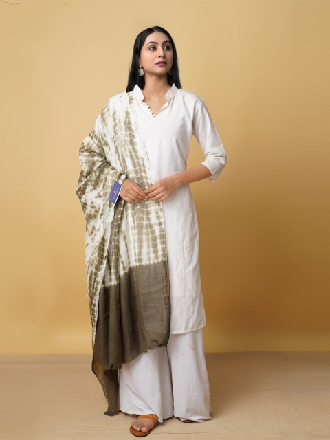 

Unnati Silks White & Olive Green Pure Cotton Shibori Dupatta
