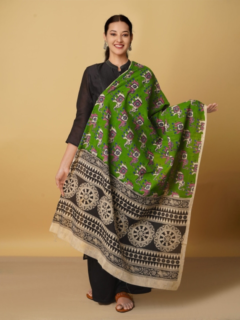 

Unnati Silks Green & Pink Ethnic Motifs Printed Pure Cotton Kalamkari Dupatta