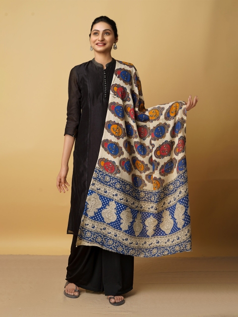 

Unnati Silks Cream-Coloured & Blue Ethnic Motifs Printed Pure Cotton Kalamkari Dupatta