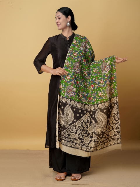

Unnati Silks Green & Black Ethnic Motifs Printed Pure Cotton Kalamkari Dupatta