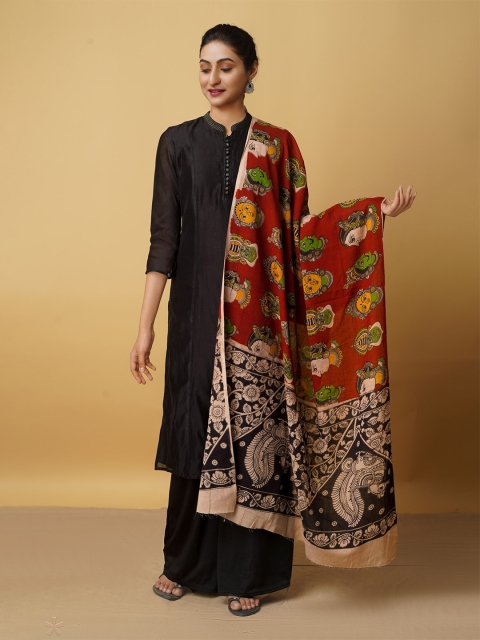 

Unnati Silks Red & Brown Ethnic Motifs Printed Pure Cotton Kalamkari Dupatta