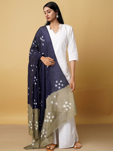 

Unnati Silks Navy Blue & Camel Brown Ethnic Motifs Printed Pure Cotton Shibori Dupatta