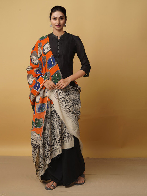 

Unnati Silks Orange & Blue Ethnic Motifs Printed Pure Cotton Kalamkari Dupatta