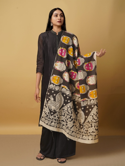 

Unnati Silks Black & Pink Ethnic Motifs Printed Pure Cotton Kalamkari Dupatta