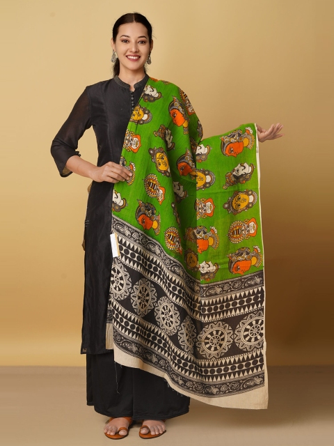 

Unnati Silks Green & Black Ethnic Motifs Printed Pure Cotton Kalamkari Dupatta