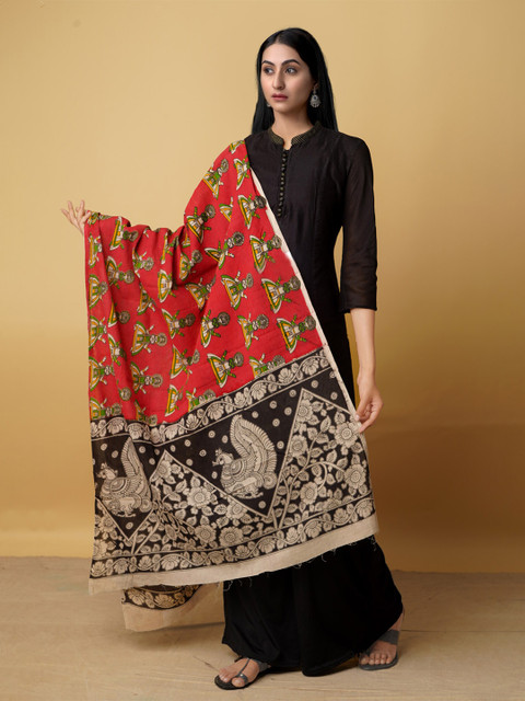 

Unnati Silks Women Red & Green Ethnic Motifs Printed Pure Cotton Kalamkari Dupatta