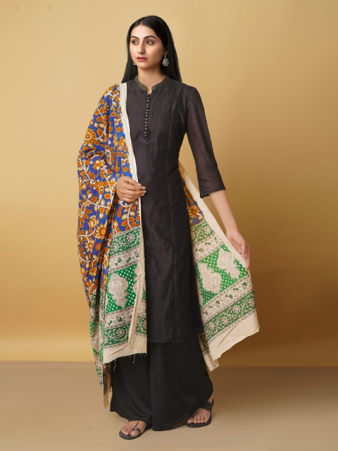 

Unnati Silks Blue & Orange Ethnic Motifs Printed Pure Cotton Kalamkari Dupatta