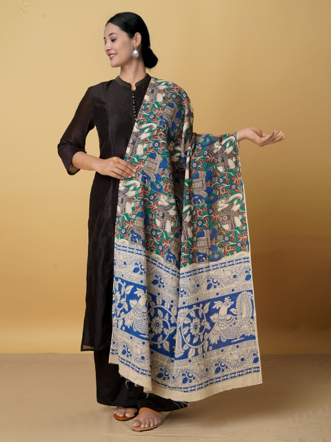 

Unnati Silks Women Green And Blue Printed Pure Cotton Kalamkari Dupatta