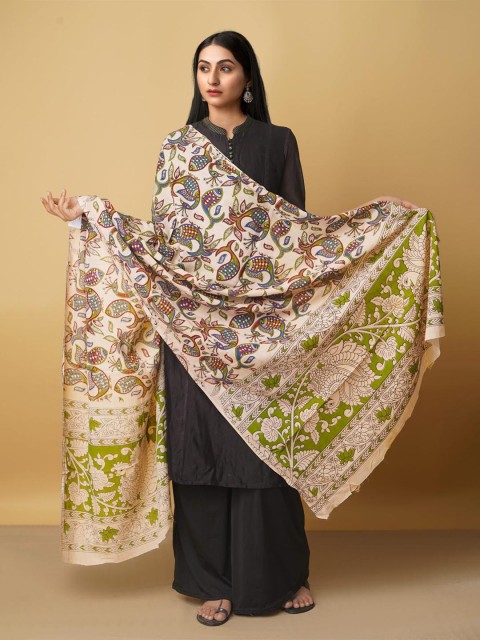 

Unnati Silks Cream-Coloured & Blue Ethnic Motifs Printed Pure Cotton Kalamkari Dupatta