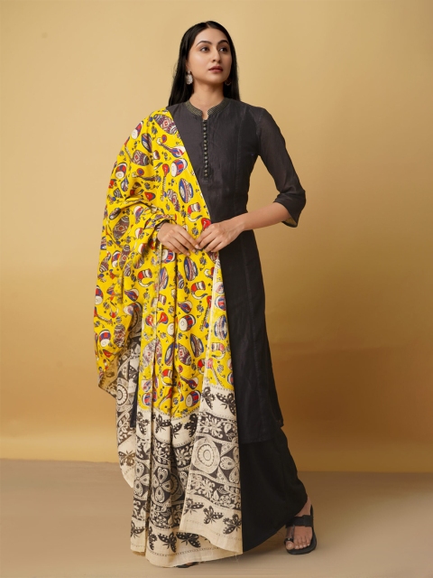 

Unnati Silks Yellow & Black Ethnic Motifs Printed Pure Cotton Kalamkari Dupatta