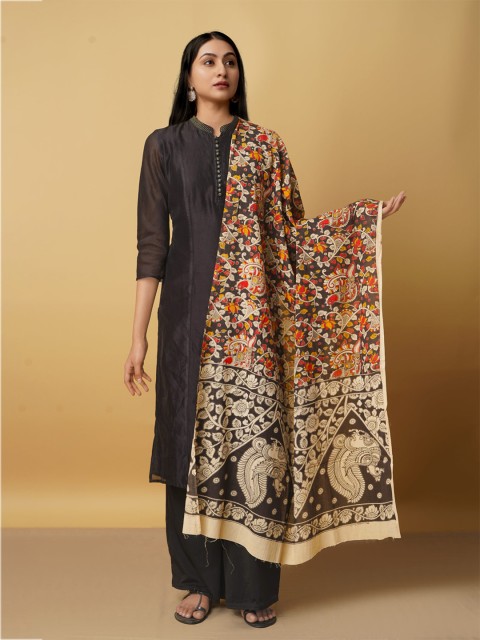 

Unnati Silks Multicoloured & Red Ethnic Motifs Printed Pure Cotton Kalamkari Dupatta, Multi