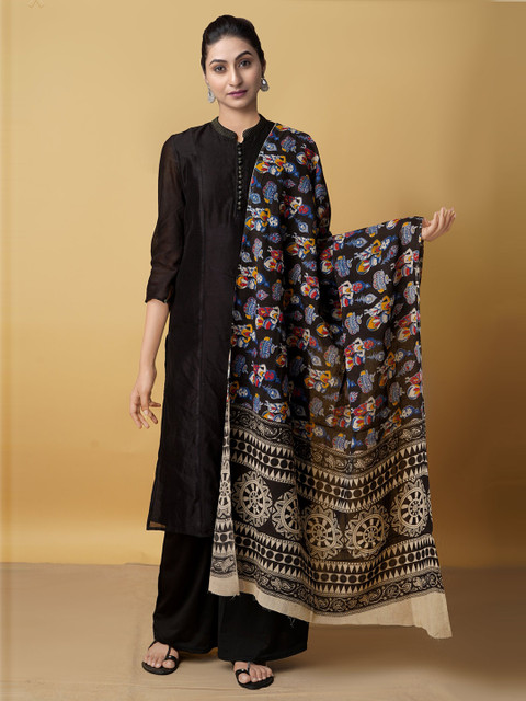 

Unnati Silks Women Black & Blue Ethnic Motifs Printed Pure Cotton Kalamkari Dupatta