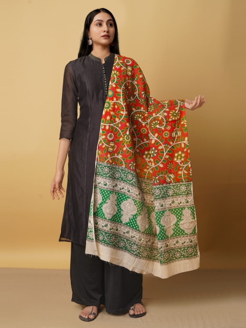 

Unnati Silks Red And Green Ethnic Motifs Printed Pure Cotton Kalamkari Dupatta