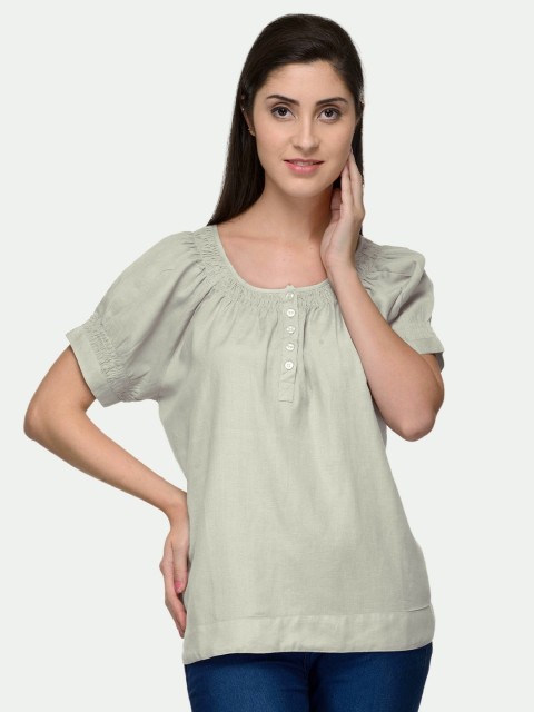 

PATRORNA Women Beige Solid Regular Smocked Top