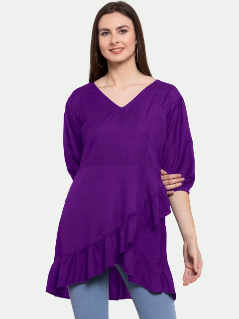 

PATRORNA Women Purple Solid Ruffles Longline Wrap Top