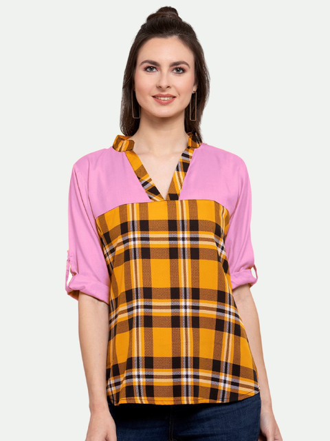 

PATRORNA Women Checked Mandarin Collar Roll-Up Sleeves Top, Orange