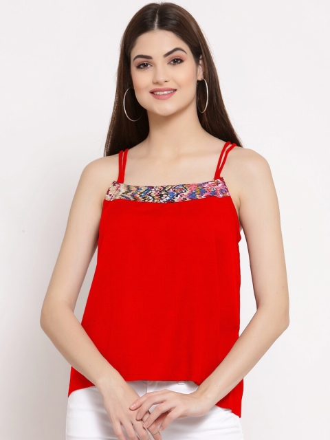 

PATRORNA Women Red Lace Inserted Shoulder Strap Asymmetrical Top