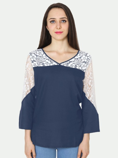 

PATRORNA Women Charcoal Grey Lace Inserted Regular Top