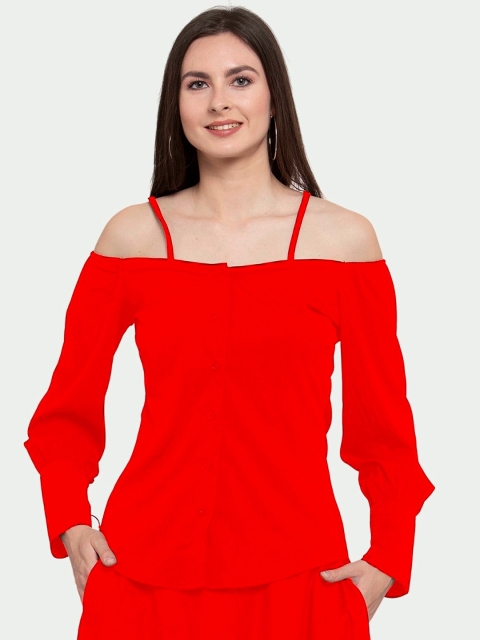 

PATRORNA Women Red Solid Off-Shoulder Shirt Style Top