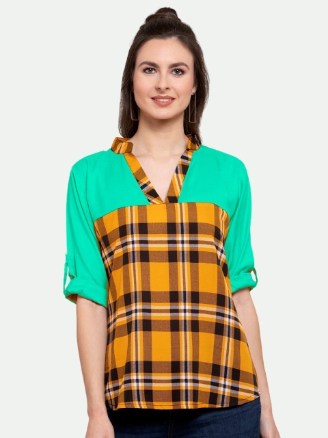 

PATRORNA Women Sea Green And Mustard Yellow Checked Mandarin Collar Roll-Up Sleeves Top