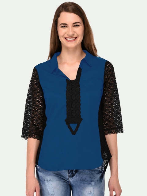 

PATRORNA Women Blue and Black High Low Shirt Style Top