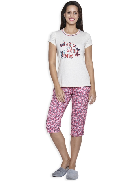 

Sweet Dreams Women Off-White & Pink Printed Night Suit