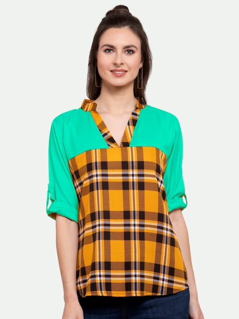 

PATRORNA Women Checked Mandarin Collar Roll-Up Sleeves Top, Green