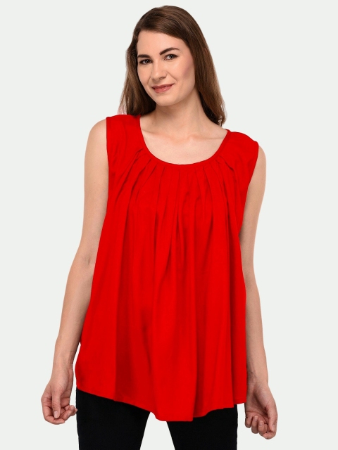 

PATRORNA Women Plus Size Red Solid Pleated A-Line Top