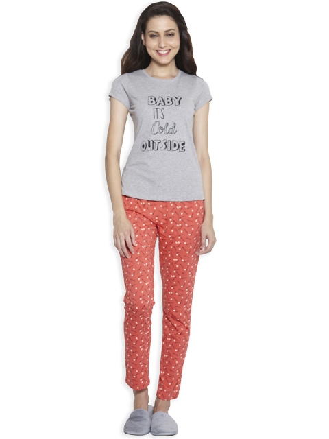 

Sweet Dreams Grey Melange & Orange Printed Night Suit 2386G7