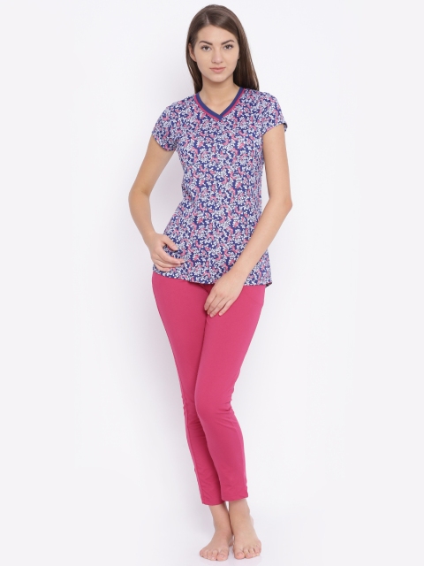 

Sweet Dreams Navy Blue & Pink Printed Night Suit