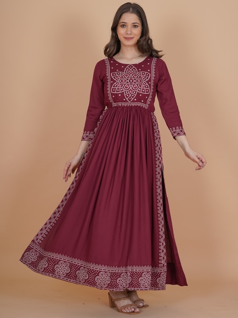 

PURSHOTTAM WALA Women Maroon Liva Bandhani Printed Floral Kurta