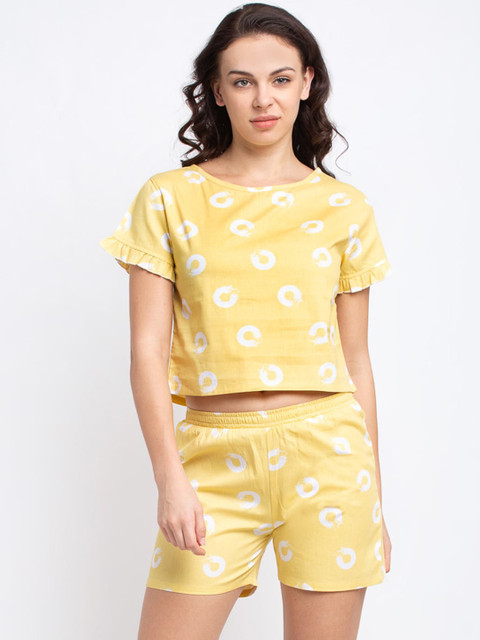 

Claura Women Yellow & White Printed Pure Cotton Night suit