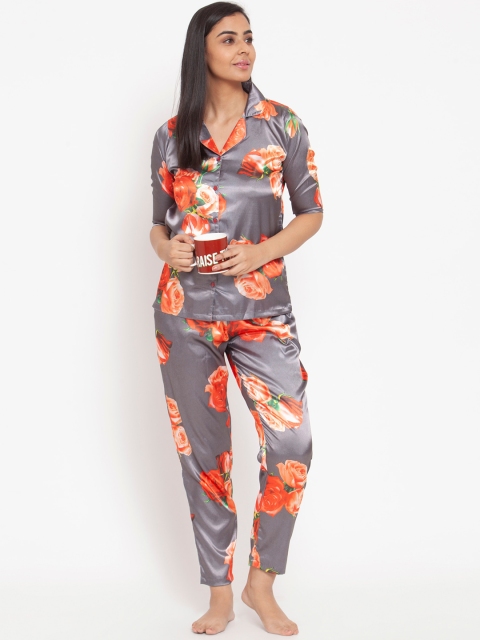

Claura Women Grey & Red Satin Printed Night suit