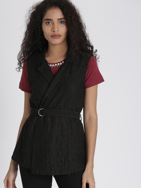 

Chemistry Black Self Design Tie-Up Shrug