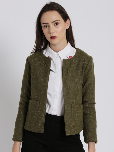 

Chemistry Women Olive Green Self Design Open Front Jacket