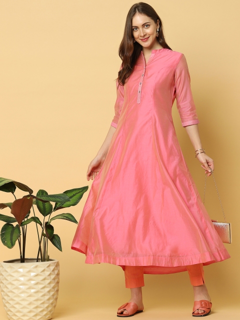 

Indifusion Women Pink Solid Chanderi Silk Kurta